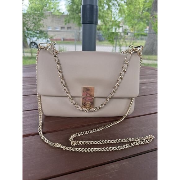 Unbranded Handbags - Beige Crossbody Shoulder Bag Gold Chain Strap Flap Clasp Faux Leather